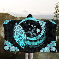 Hawaii Turtle Hibiscus Map Polynesian Hooded Blanket Turquoise - AH - Polynesian Pride