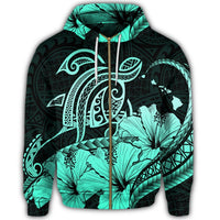Hawaii Turtle Map Polynesian Zip Hoodie Safety Turquoise - Polynesian Pride