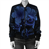 Hawaii Turtle Ohana Hibiscus Poly Bomber Jacket - Blue - AH - Polynesian Pride