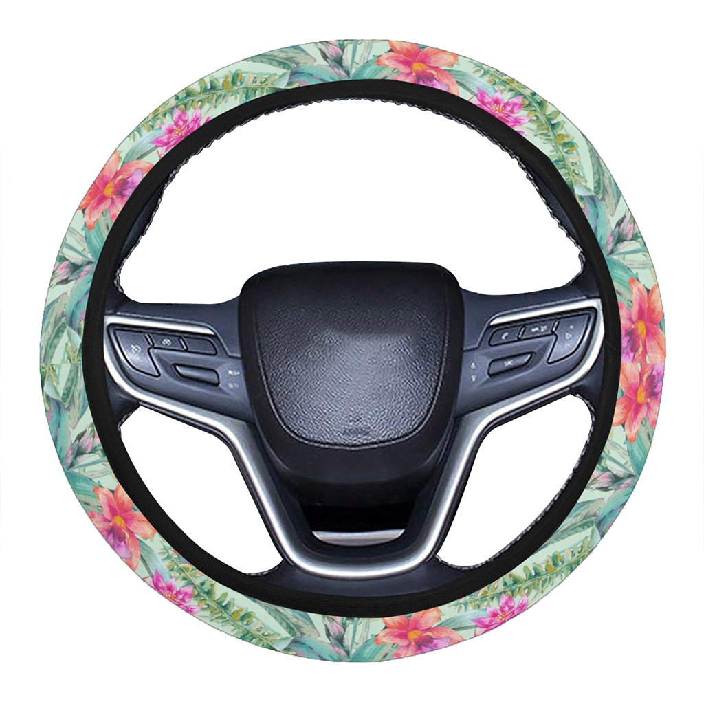 Hawaii Watercolor Vintage Floral Tropical Bird of Paradise Hawaii Universal Steering Wheel Cover with Elastic Edge One Size Blue Steering Wheel Cover - Polynesian Pride