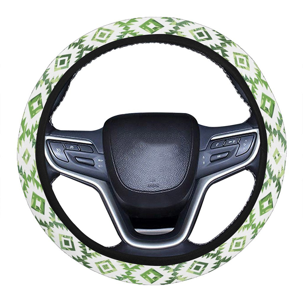 Hawaii White Seamless Ethnic Pattern Monstera Leaf Hawaii Universal Steering Wheel Cover with Elastic Edge One Size White Steering Wheel Cover - Polynesian Pride