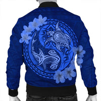 Hawaii Yin Yang Turtle Shark Hibiscus Plumeria Bomber Jacket - Blue - AH - Polynesian Pride