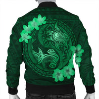 Hawaii Yin Yang Turtle Shark Hibiscus Plumeria Bomber Jacket - Green - AH - Polynesian Pride