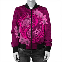 Hawaii Yin Yang Turtle Shark Hibiscus Plumeria Bomber Jacket - Pink - AH - Polynesian Pride