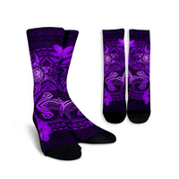 Hawaii Yin Yang Turtle Shark Hibiscus Plumeria Crew Socks - Purple - AH Crew Socks White - Polynesian Pride