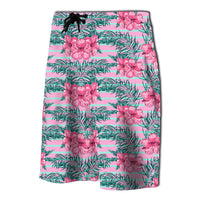 Hawaii Tropical Flowers Palm Leaves Hibiscus Strip Board Shorts - Polynesian Pride