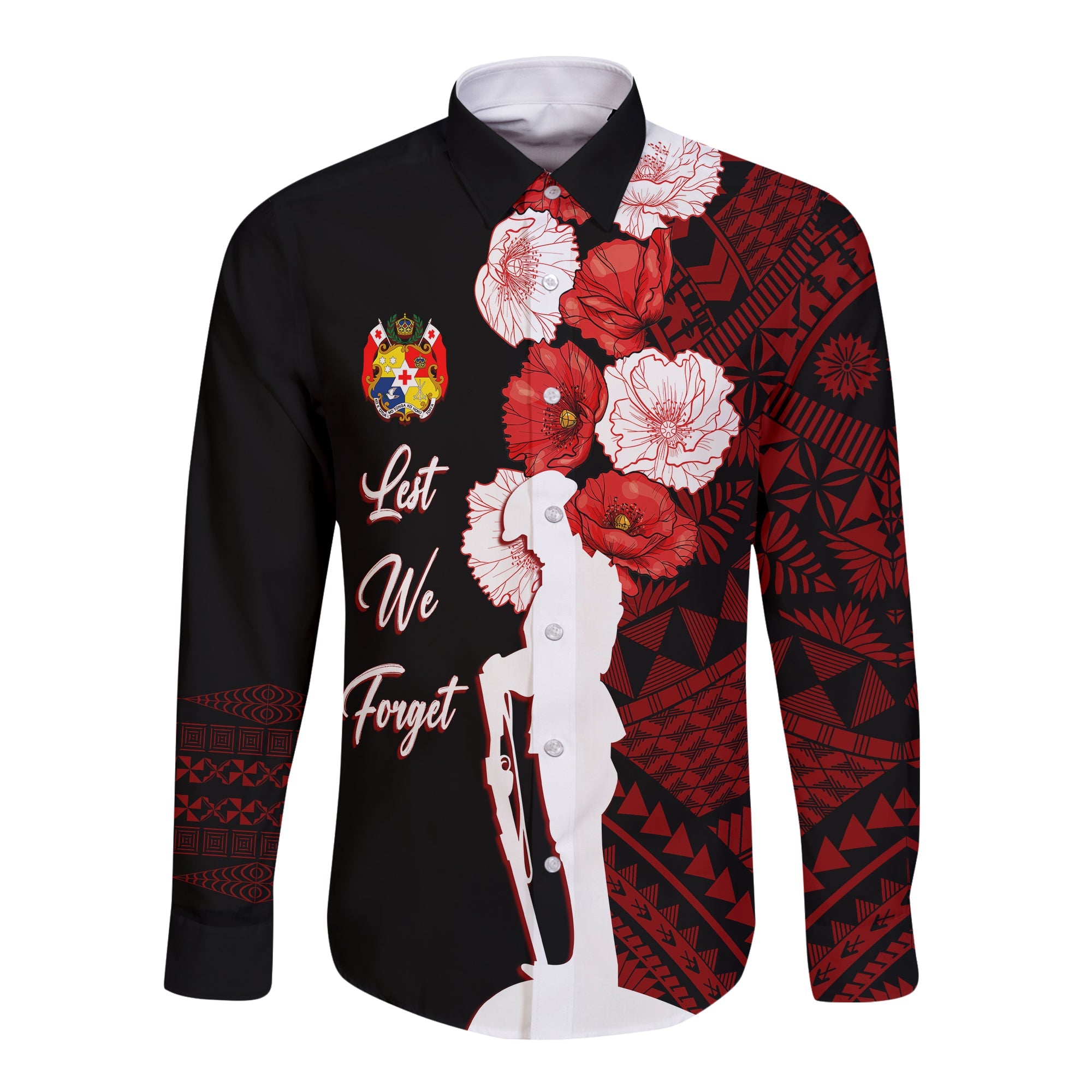 Tonga Long Sleeves Button Shirt Anzac Day Lest We Forget LT7 Unisex Black - Polynesian Pride