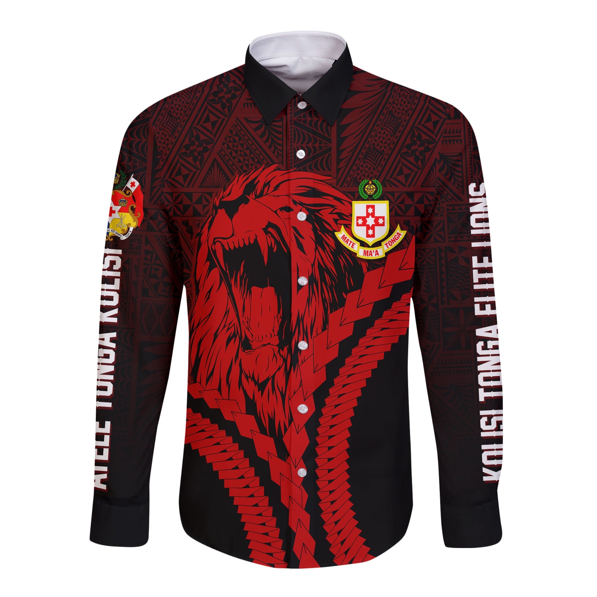 Kolisi Tonga 'Atele Personalised Long Sleeves Button Shirt Roaring Lion LT7 Unisex Black - Polynesian Pride