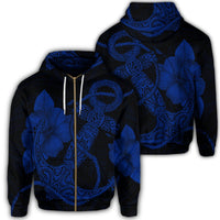 Hawaiian Anchor Poly Tribal Hibiscus Polynesian Zip Hoodie Blue Unisex Art - Polynesian Pride