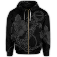 Hawaiian Anchor Poly Tribal Hibiscus Polynesian Zip Hoodie Gray - Polynesian Pride