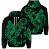 Hawaiian Anchor Poly Tribal Hibiscus Polynesian Zip Hoodie Green Unisex Art - Polynesian Pride