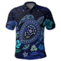 Hawaiian Blue Ocean Honu and Flowers Polo Shirt - Polynesian Pride