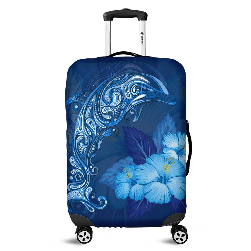 Hawaiian Dolphin Hibiscus Tropic Blue Polynesian Luggage Covers - AH Black - Polynesian Pride