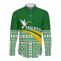 (Custom Text and Number) Tailevu Rugby Hawaii Long Sleeve Button Shirt Fiji Rugby Tapa Pattern Green LT13 - Polynesian Pride