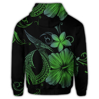 Hawaiian Fish Hook Hibiscus Plumeria Polynesian Zip Hoodie Green - Polynesian Pride