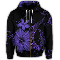 Hawaiian Fish Hook Hibiscus Plumeria Polynesian Zip Hoodie Purple - Polynesian Pride