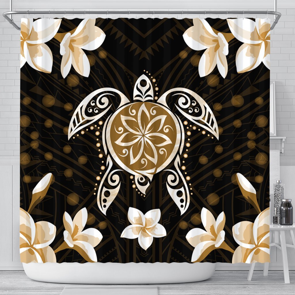 Hawaiian Gold Turtle Plumeria Shower Curtain AH 177 x 172 (cm) Black - Polynesian Pride
