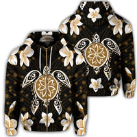 Hawaiian Gold Turtle Plumeria Zip Hoodie Unisex Art - Polynesian Pride