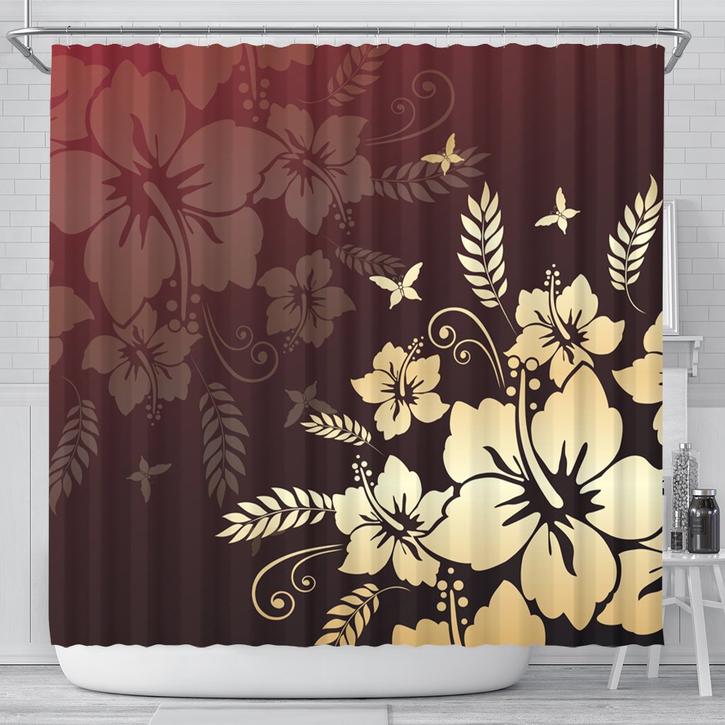 Hawaiian Golden Hibiscus Butterfly Polynesian Shower Curtain - AH 177 x 172 (cm) Black - Polynesian Pride
