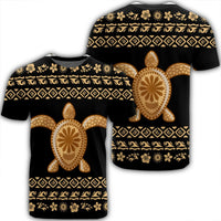 Hawaiian Golden Turtle Hibiscus Plumeria Polynesian T Shirt Unisex Black - Polynesian Pride