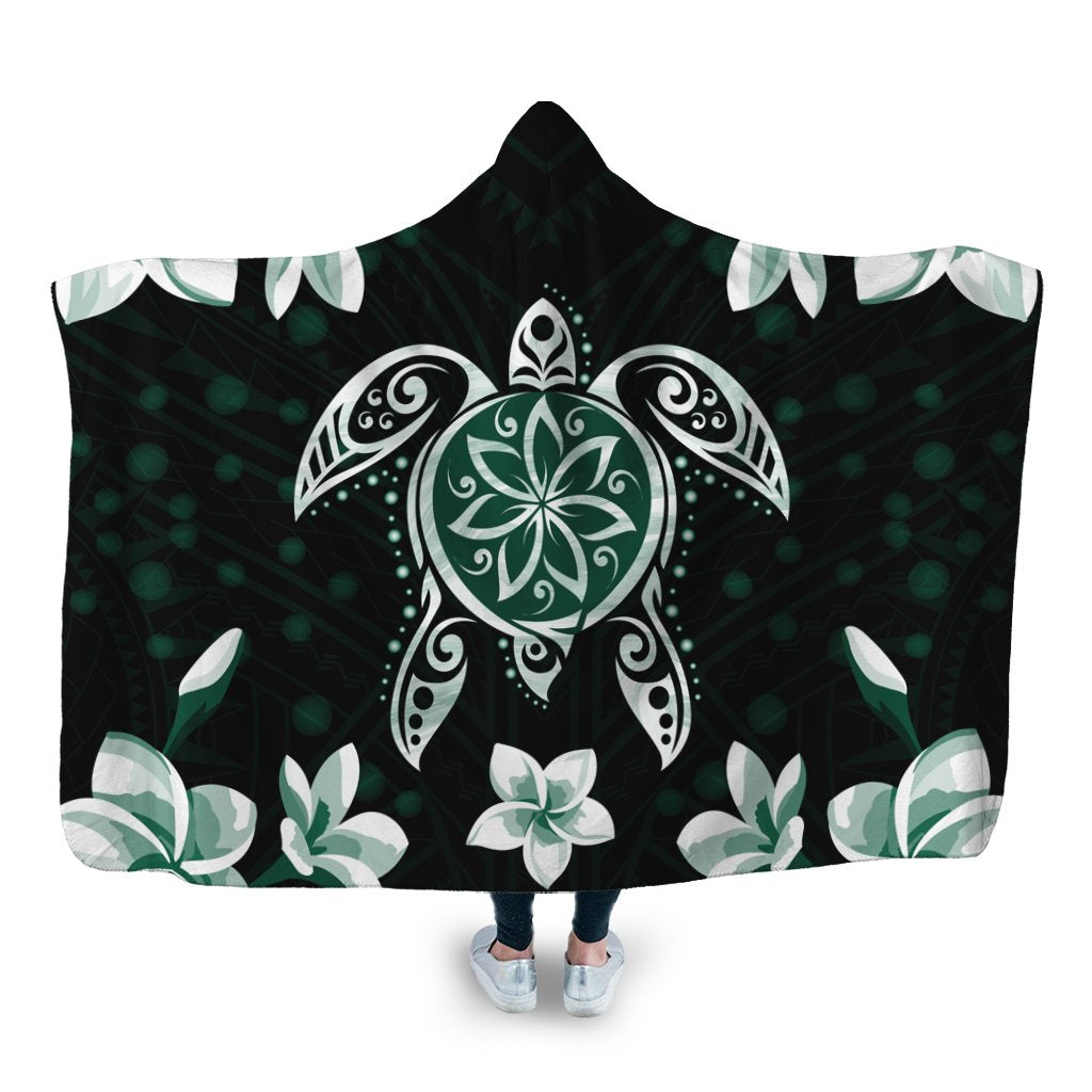 Hawaiian Greenie Turtle Plumeria Hooded Blanket AH Hooded Blanket White - Polynesian Pride