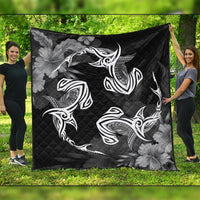 Hawaiian Hammerhead Shark Hibiscus White Polynesian Premium Quilts - AH Black - Polynesian Pride