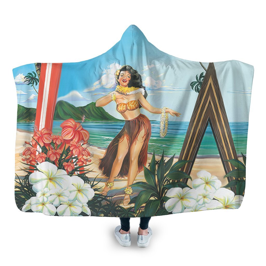 Hawaiian Hibiscus Aloha Hula Girl Dance On The Beach Hooded Blanket - AH Hooded Blanket White - Polynesian Pride