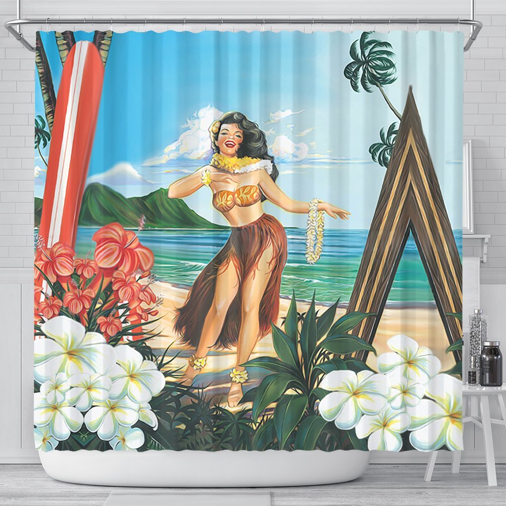 Hawaiian Hibiscus Aloha Hula Girl Dance On The Beach Shower Curtain - AH 177 x 172 (cm) Black - Polynesian Pride