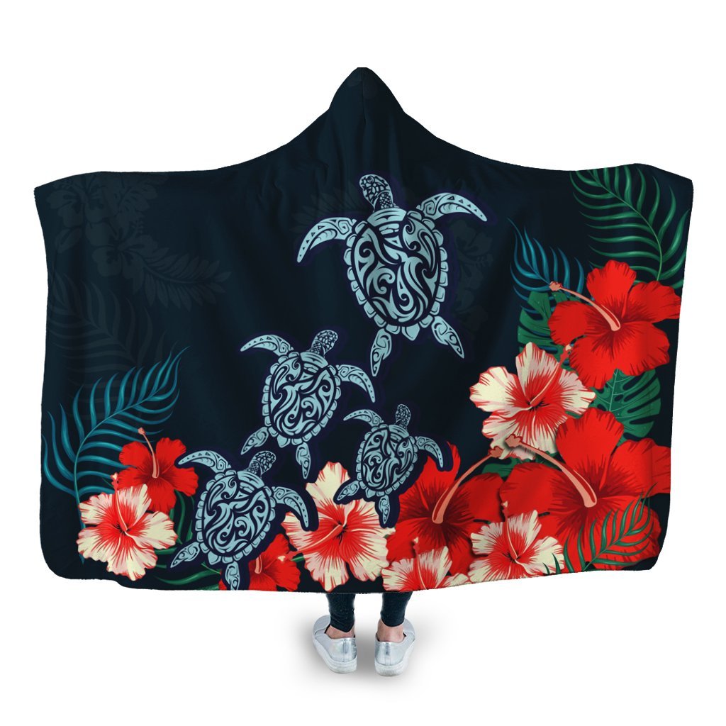 Hawaiian Hibiscus And Turtle Polynesian Hooded Blanket - AH Hooded Blanket White - Polynesian Pride