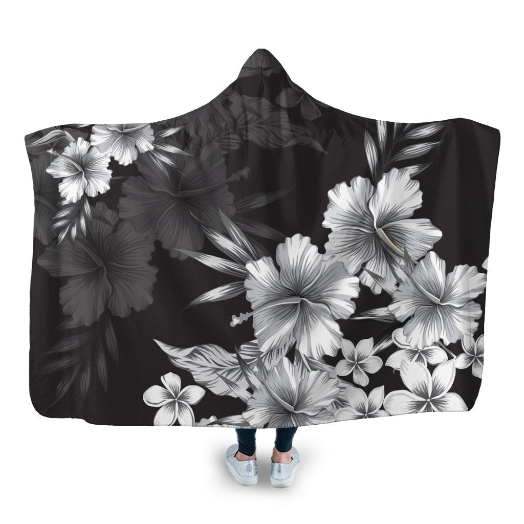Hawaiian Hibiscus Black And White Polynesian Hooded Blanket - AH Hooded Blanket White - Polynesian Pride
