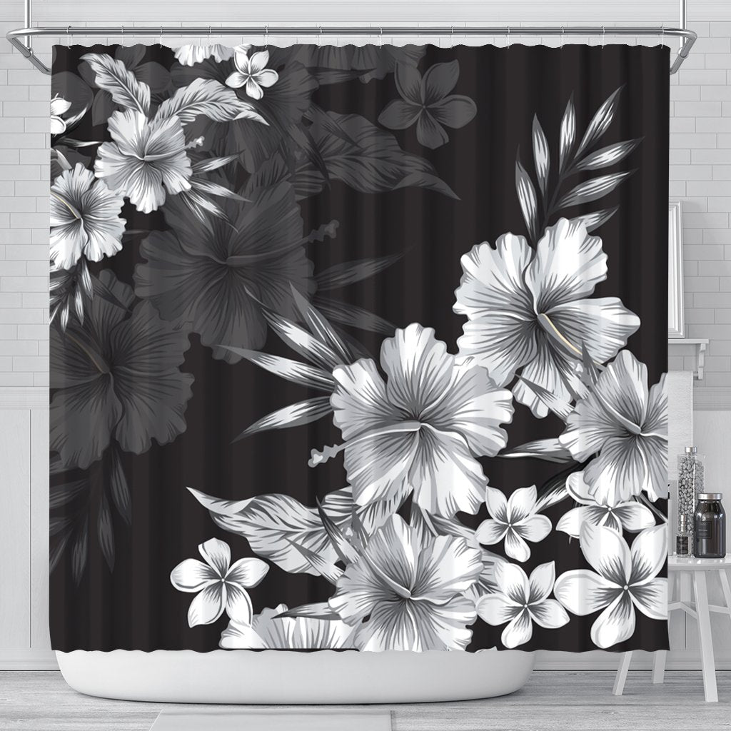 Hawaiian Hibiscus Black And White Polynesian Shower Curtain - AH 177 x 172 (cm) Black - Polynesian Pride