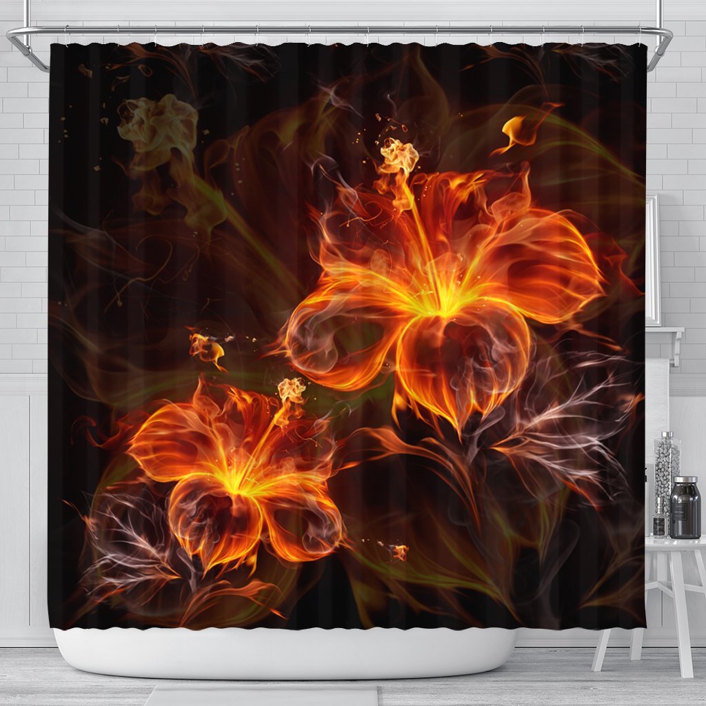 Hawaiian Hibiscus Fire Polynesian Shower Curtain - AH 177 x 172 (cm) Black - Polynesian Pride