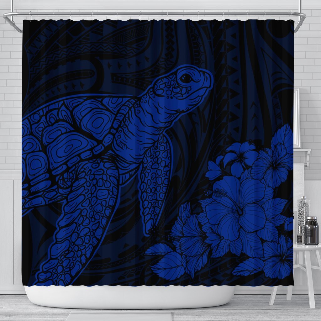 Hawaiian Hibiscus Memory Turtle Polynesian Shower Curtain Blue - AH 177 x 172 (cm) Black - Polynesian Pride