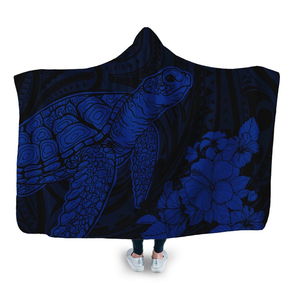Hawaiian Hibiscus Memory Turtle Polynesian Hooded Blanket Blue - AH Hooded Blanket White - Polynesian Pride