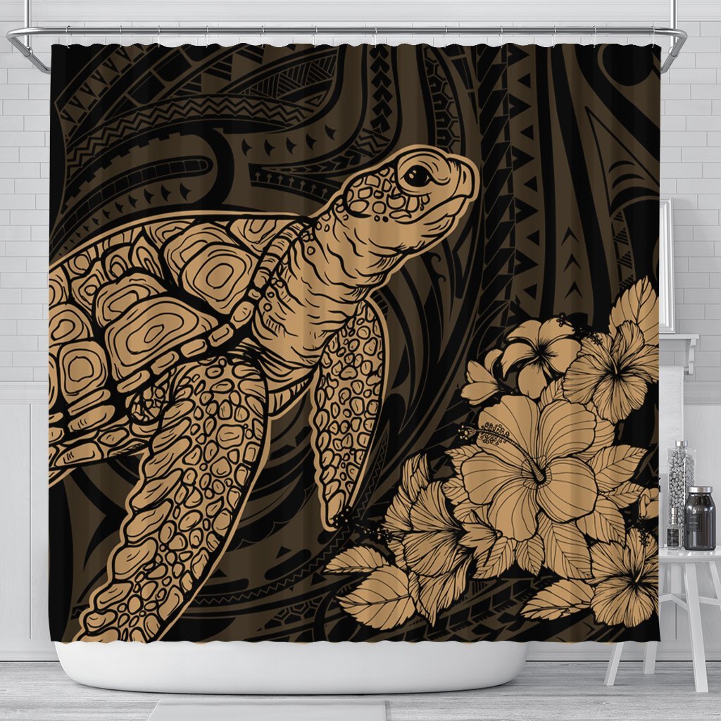 Hawaiian Hibiscus Memory Turtle Polynesian Shower Curtain Gold - AH 177 x 172 (cm) Black - Polynesian Pride