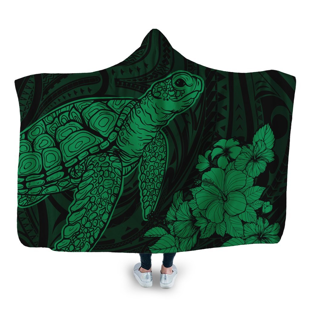 Hawaiian Hibiscus Memory Turtle Polynesian Hooded Blanket Green - AH Hooded Blanket White - Polynesian Pride