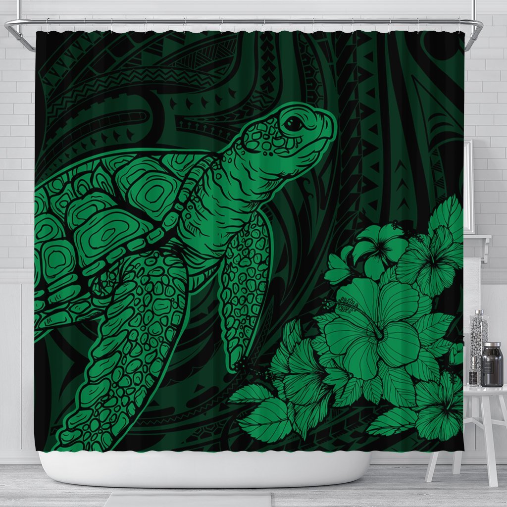 Hawaiian Hibiscus Memory Turtle Polynesian Shower Curtain Green - AH 177 x 172 (cm) Black - Polynesian Pride