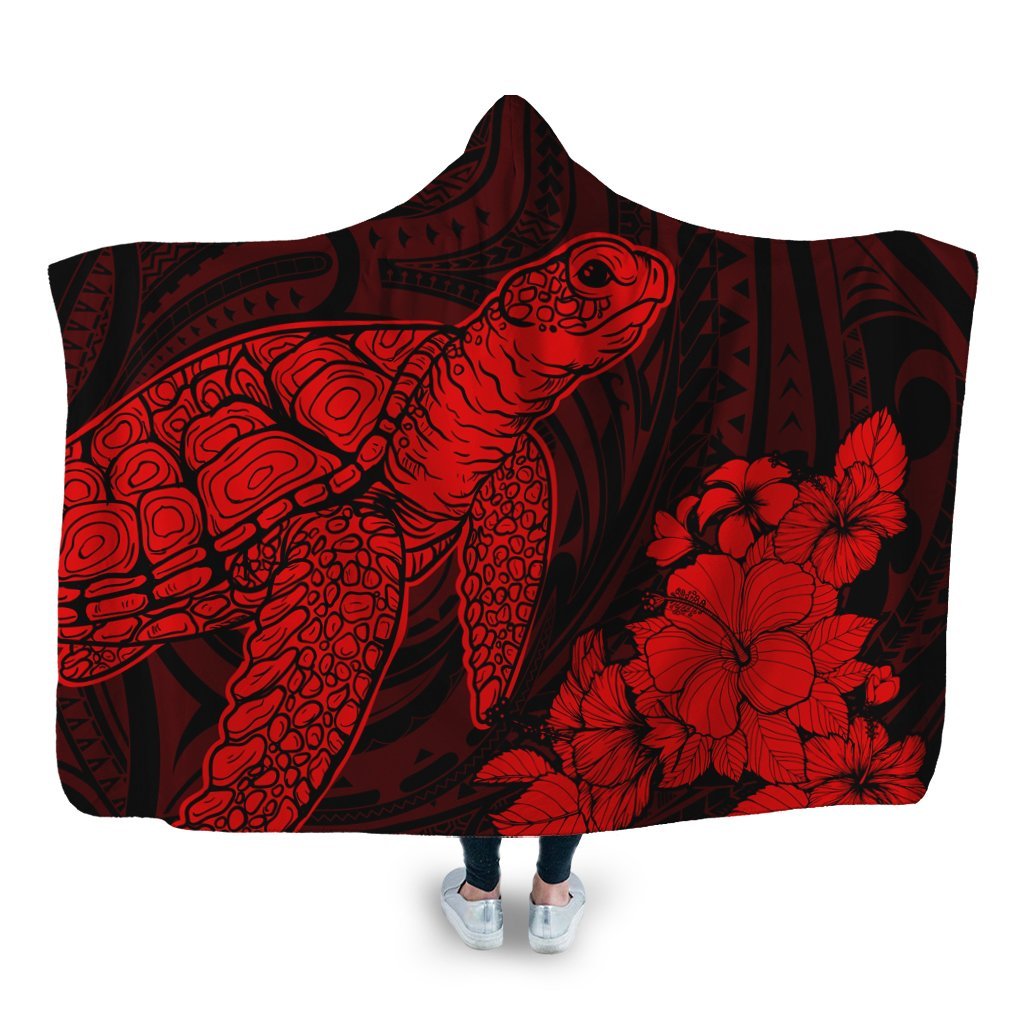 Hawaiian Hibiscus Memory Turtle Polynesian Hooded Blanket Red - AH Hooded Blanket White - Polynesian Pride