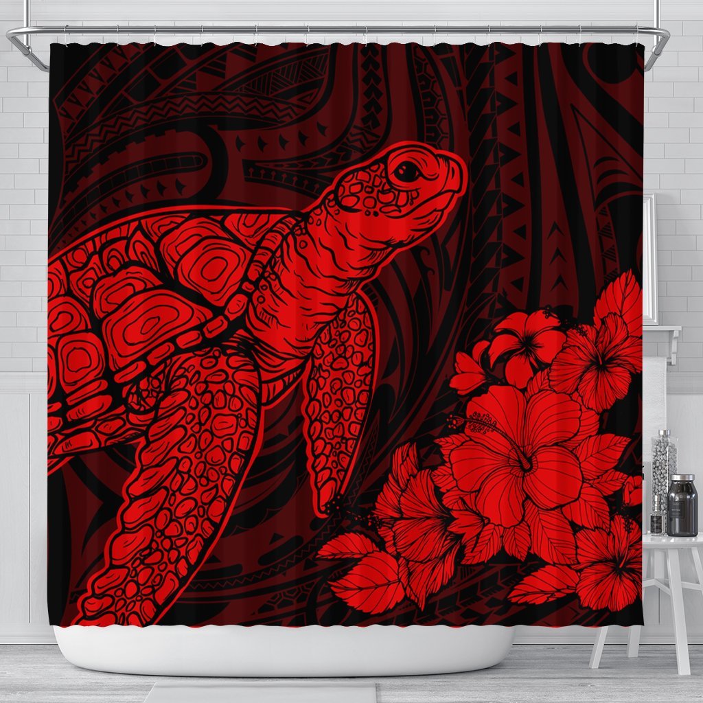Hawaiian Hibiscus Memory Turtle Polynesian Shower Curtain Red - AH 177 x 172 (cm) Black - Polynesian Pride
