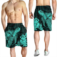 Hawaiian Hibiscus Memory Turtle Polynesian Men's Shorts Turquoise - AH - Polynesian Pride