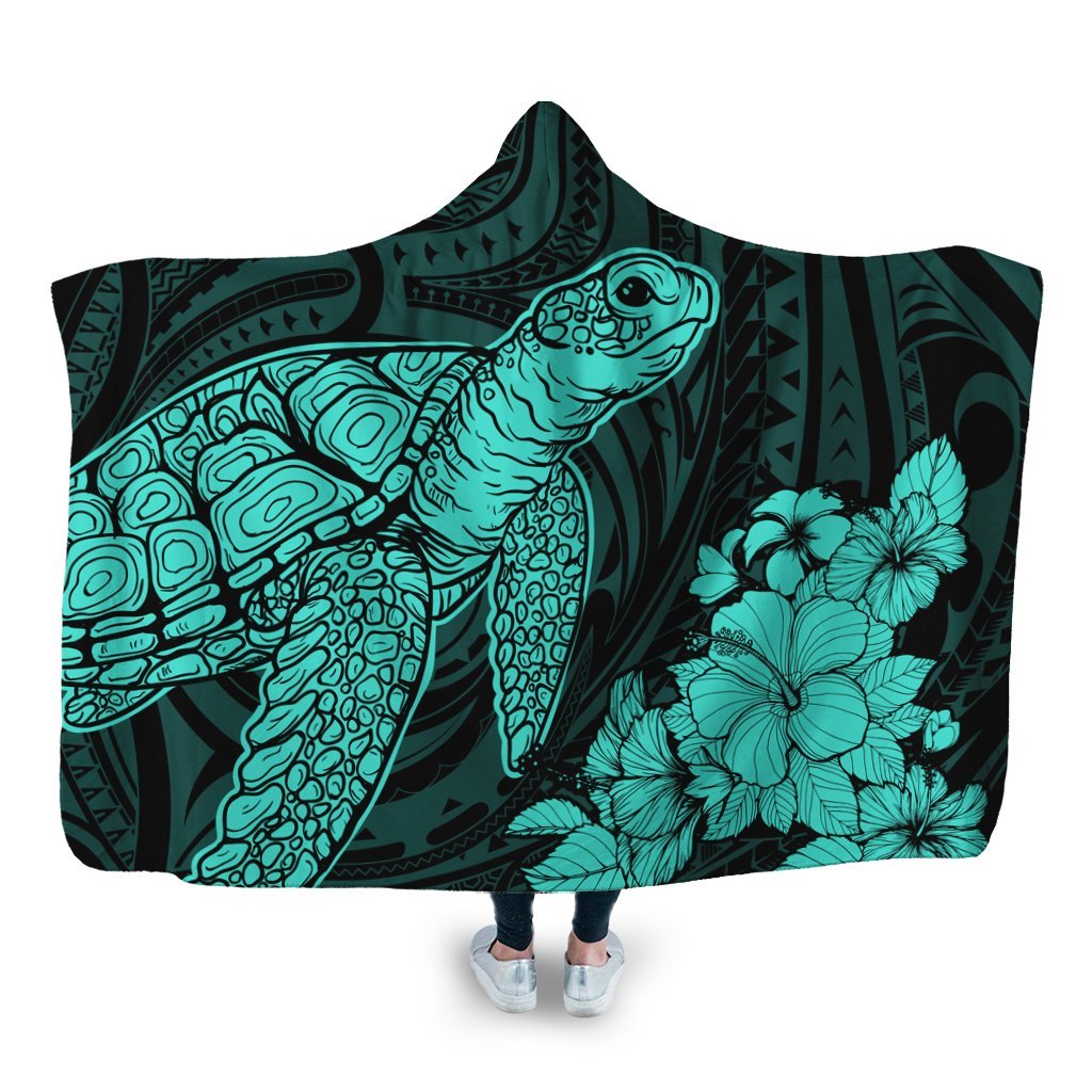 Hawaiian Hibiscus Memory Turtle Polynesian Hooded Blanket Turquoise - AH Hooded Blanket White - Polynesian Pride