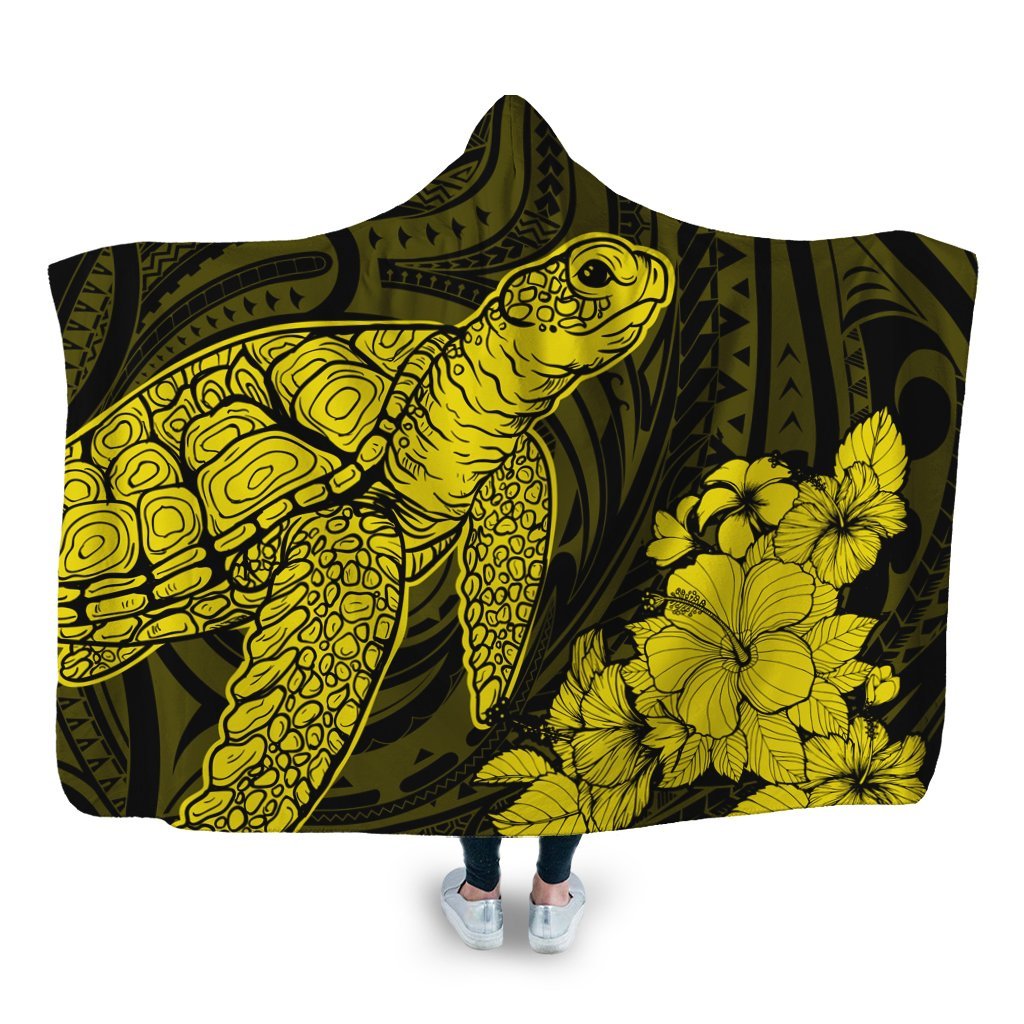Hawaiian Hibiscus Memory Turtle Polynesian Hooded Blanket Yellow - AH Hooded Blanket White - Polynesian Pride