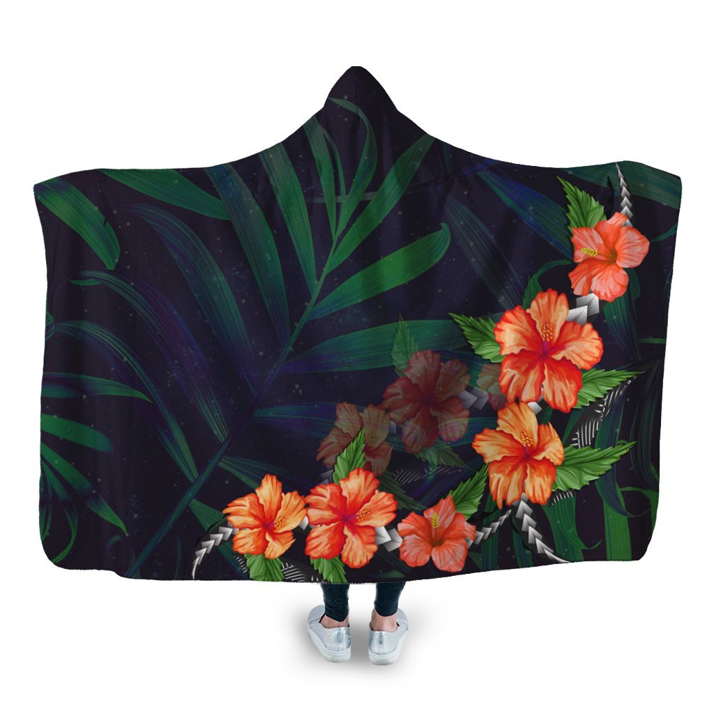 Hawaiian Hibiscus Palm Tree Background Polynesian Hooded Blanket - AH Hooded Blanket White - Polynesian Pride
