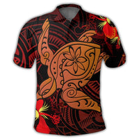 Hawaiian Hibiscus Plumeria Red Big Turtle Polynesian Polo Shirt - Polynesian Pride