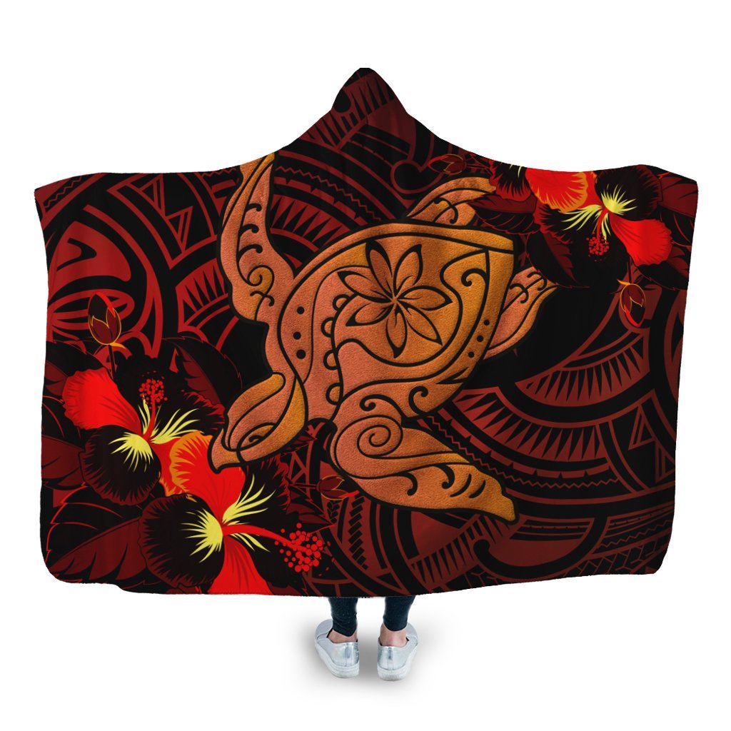 Hawaiian Hibiscus Plumeria Red Big Turtle Polynesian Hooded Blanket - AH Hooded Blanket White - Polynesian Pride