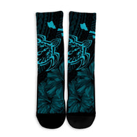 Hawaiian Hibiscus Sea Turtle Swim Polynesian Crew Socks - Blue - AH - Polynesian Pride
