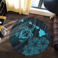 Hawaiian Hibiscus Sea Turtle Swim Polynesian Round Carpet - Blue - AH - Polynesian Pride