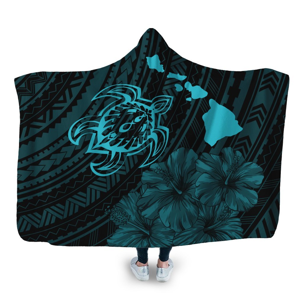Hawaiian Hibiscus Sea Turtle Swim Polynesian Hooded Blanket - Blue - AH Hooded Blanket White - Polynesian Pride