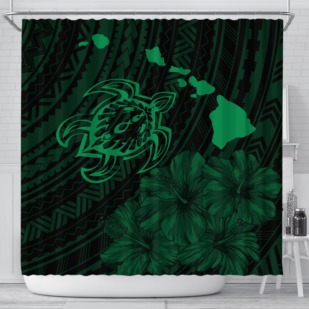 Hawaiian Hibiscus Sea Turtle Swim Polynesian Shower Curtain - Green - AH 177 x 172 (cm) Black - Polynesian Pride