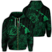 Hawaiian Hibiscus Sea Turtle Swim Polynesian Zip Hoodie Green Unisex Art - Polynesian Pride